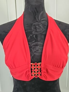 2Bamboo Red Halter Bikini Top with Gold Accent, Size 32-34BC